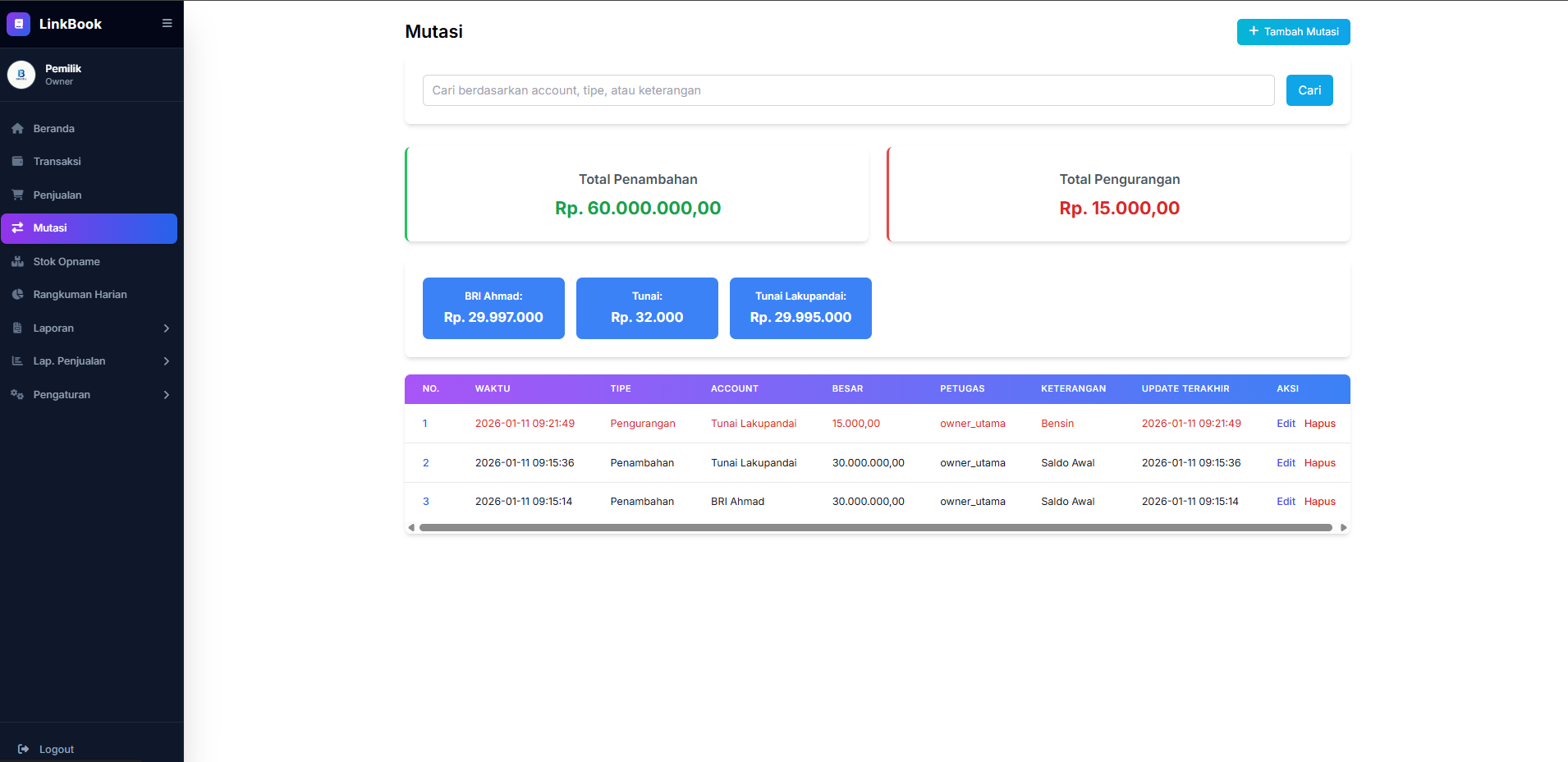 Halaman Transaksi Internal